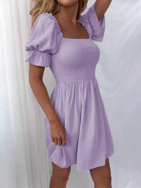 Cute Dresses Casual Classy, Lavender Sundress, Cruise Dresses, Square Neckline Dress, Sweetheart Neckline Dress, Balloon Sleeve Dress, Square Neck Dress, Aqua Dress, Solid Color Dress