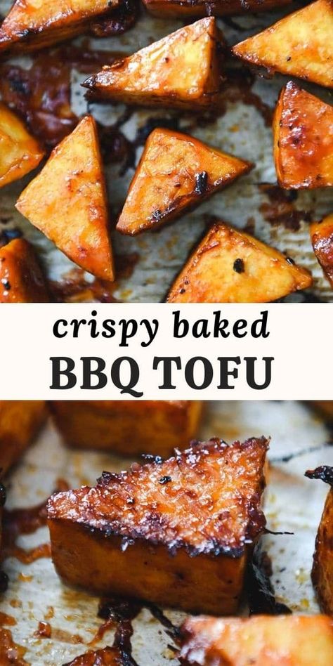 Crispy-baked BBQ tofu is the perfect plant-based protein addition to weeknight meals. It comes together in just over 30 minutes using just 5 simple ingredients, and the tofu doesn't even have to be pressed! Whole 30 Tofu Recipes, Tofu Recipes Appetizers, Crispy Bbq Tofu, Baked Bbq Tofu, Blackstone Tofu, Recipes With Extra Firm Tofu, Blackstone Tofu Recipes, Baked Tofu Marinade, Tofu Bbq Recipes