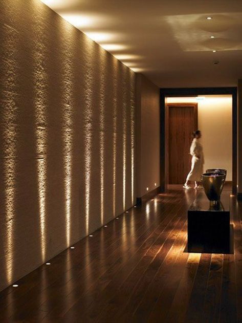 Corridor Accent Wall, Floor Lights Hallway, Floor Lighting Hallway, Floor Lighting Bedroom, Lights In Flooring, Lighting Wall Design, Outside Wall Lighting Ideas, Interior House Lighting, Floor Recessed Lighting