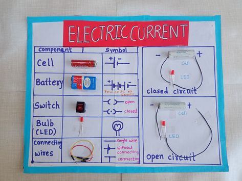 Electric current components and symbols Grade 6 Electricity Projects, Electricity Projects, Simple Circuit Projects, Electricity Lessons, Acknowledgments For Project, Current Electricity, Science Model, Science Projects For Middle School, Science Chart