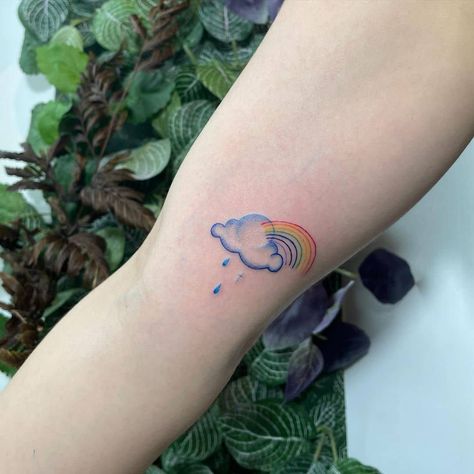 Cloud And Sky Tattoo, Cloud With Rainbow Tattoo, Rainbow After Rain Tattoo, Pastel Cloud Tattoo, Rainbow Rain Tattoo, Storm Rainbow Tattoo, Rain And Rainbow Tattoo, Rainbow After The Storm Tattoo, Rainbow With Clouds Tattoo