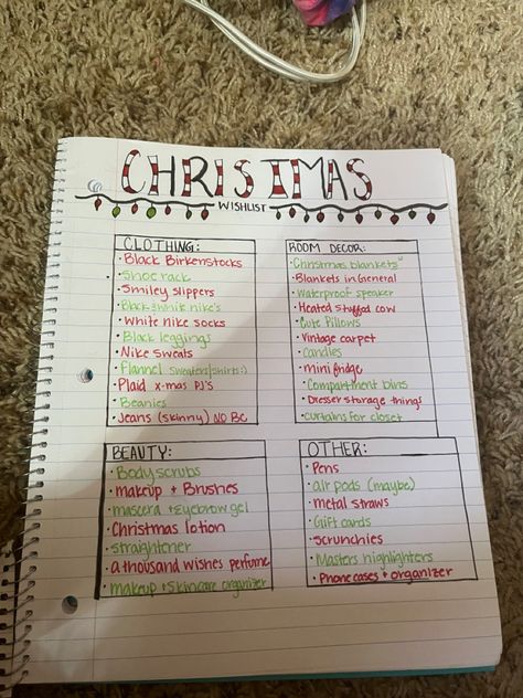 Christmas Wishlists On Paper, Organized Christmas List, Christmas List Set Up Ideas, Christmas List Title Ideas, Cute Ideas For Christmas List, Christmas List Organization, Christmas List Ideas Design, Christmas Wish List Aesthetic Paper, Christmas Wishlist Design Ideas