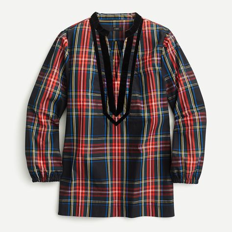 Shop J.Crew for the Velvet-trimmed V-neck tunic in black Stewart tartan for Women. Find the best selection of Women Shirts & Tops available in-stores and online. Winter Style Outfits, Clean Wardrobe, Northwest Style, Tartan Fashion, Blonde Fashion, Christmas Wear, Stewart Tartan, The Vivienne, Tie Neck Tops