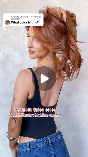 Chrissy Ellingson Rasmussen on Instagram: "The gorgeous @julia.hatchh 💫🧡🍑🍊 wearing @habithairx pumpkin spice 22 inch hidden extensions! Also available in clip ins! Get @julia.hatchh’s EXACT hair color formula on our @habiteducation app! Link in bio & stories!" Pumpkin Spice Hair Color Formula, Spice Hair Color, Pumpkin Spice Hair Color, Pumpkin Spice Hair, Hair Color Formulas, February 10, Clip Ins, Pumpkin Spice, Cortes De Pelo