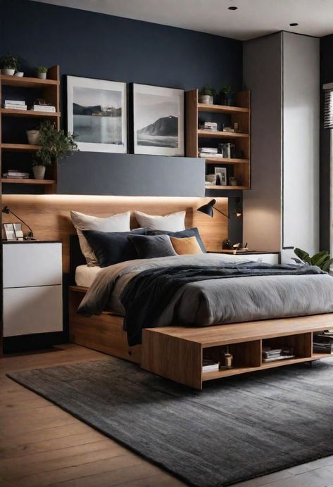 Contemporary Minimalist Bedroom, Small Modern Bedroom, Male Bedroom Ideas, Mens Bedroom Decor, Bedroom Design Styles, Sophisticated Bedroom, Teen Bedroom Designs, Mens Bedroom, Art Storage