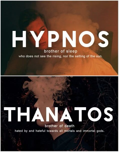 Greek Mythology: H Y P N O S -& - T H A N A T O S | "[Hypnos] roams peacefully over the earth and the sea’s broad back and is kindly to men; but [Thanatos] has a heart of iron, and his spirit within him is pitiless as bronze: whomsoever of men he has once seized holds fast; and he is hateful even to the deathless gods." Hypnos Art Greek Mythology, Greek Mythology Thanatos, Thanatos Aesthetic God, Lesser Known Greek Gods, Morpheus God Greek Mythology, Hades And Thanatos, Hypnos Greek Mythology, Hephestos God, Morpheus Greek Mythology