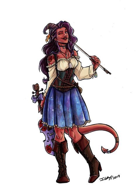 This is the outfit I would like Briji to have! Ignore the necklaces, hat and the belt, but the top, corset and skirt are correct! I imagine the skirt to be a little bit longer though, just below her knees. Not this colour - refer to the colour palette for the right colours! :) Female Tiefling, Dnd Bard, Tiefling Bard, Creepy Guy, The Violin, Dnd Art, Dnd Characters, Character Portraits, Fantasy Character Design