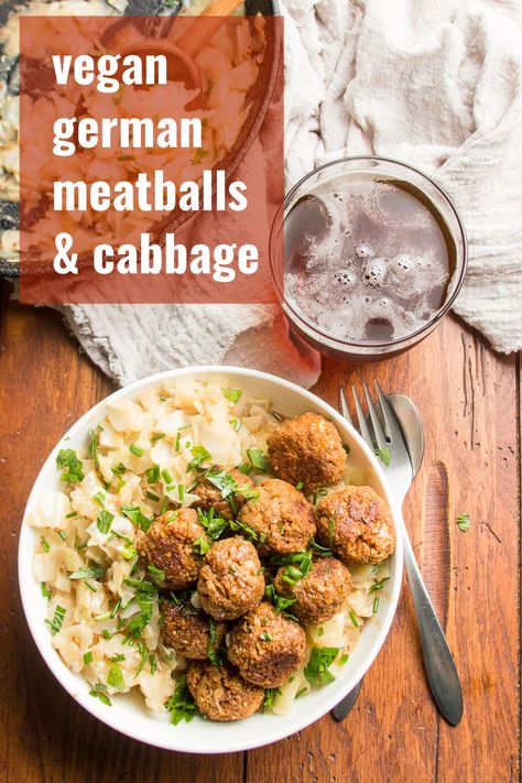 Smoky tofu meatballs are served atop tender cabbage and sauerkraut in a to-die-for creamy (but totally dairy-free!) mustard sauce to make this scrumptious vegan comfort food meal! This German-inspired dinner is perfect for celebrating Oktoberfest...or any day of the year! #veganrecipes #tofu #veganmeatballs German Meatballs, Tofu Meatballs, Vegan Meatballs Recipe, Creamy Mustard Sauce, Vegan Meatballs, Vegan Entree, Mustard Sauce, Vegan Main Dishes, Vegan Comfort Food