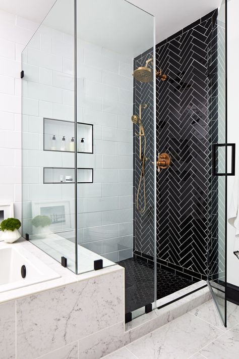 My Master Bath Reveal – GreyHunt Interiors Bilik Air Kecil, Drømme Bad, White Subway Tile Shower, Hunted Interior, Subway Tile Showers, Bilik Mandi, Master Bath Remodel, White Subway Tile, Black Shower