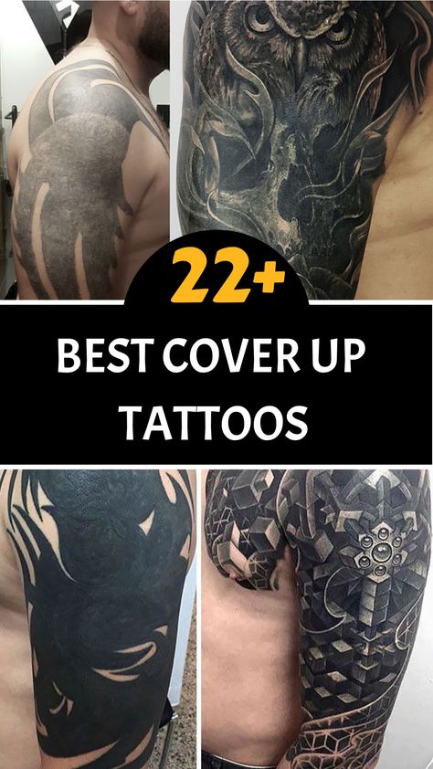 Discover a variety of stunning cover up tattoo ideas in our collection that are bound to inspire your next tattoo transformation. Whether you're seeking a design to conceal an old tattoo or simply looking for fresh ink, we've got you covered with our top picks. Explore the best cover up tattoos here! Backpiece Cover Up Tattoo, Very Dark Tattoo Cover Up, Full Sleeve Cover Up Tattoos Women, Cover Up Tattoos Men Arm, Biblical Cover Up Tattoos, Color Tattoo Cover Up Before And After, Dark Arm Cover Up Tattoos, Skin Graft Tattoo Cover Up, Large Cover Up Tattoo For Men