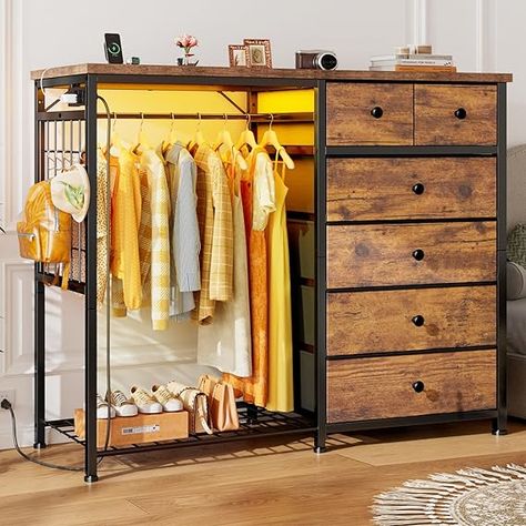 EnHomee Dresser for Bedroom with Hanging Rack and LED Lights 6 Drawer Dressers with Clothes Rack Fabric Chest of Drawers with Wooden Top & Grid Panel Closet Rustic Brown 49.2" Wx47.2 Hx15.8 D  #homedesign #homedecor #housedesign #housedecor #room #roomdecor #roomdesign #interior #design #home #house #furniture #decor #bedroom #kitchen #livingroom Closet Idea For Small Room, Clothing Storage Small Space, Clothing Storage For Small Bedrooms, Dresser Alternatives Bedrooms, Bedroom Clothing Storage Ideas, Dresser Alternative Storage, No Closet Solutions Bedroom Small Spaces, Creative Clothing Storage, Bedroom Clothes Storage Ideas