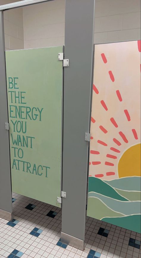 Cute School Bathroom Ideas, Elementary School Office Decor, Cool Public Bathrooms, Painted Lockers Ideas, School Gym Decorating Ideas, Art Class Door Ideas, School Beautification Ideas, School Bathroom Decor, Academic Bulletin Boards