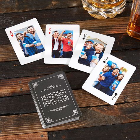 Personalize with four photos, one representing each suit on the face side of the cards along with any 3 lines of text on the reverse sideThis 54-card deck comes in a standard 3.5" x 2.5" sizePackaged in a clear playing card box for easy storage Made in the USA Sold in various quantities below. The personalization must be the same to receive quantity discounts  Deal yourself in for some fun with the Suits & Photos Personalized Playing Cards. Whether they are for poker night or as a gift, these cu Personalized Photo Gifts Personalization Mall, Personalized Card Deck, Diy Photo Playing Cards, Customized Playing Cards, Playing Cards Photoshoot, Deck Of Cards Gift, Custom Card Deck, Personalised Playing Cards, Playing Cards Diy