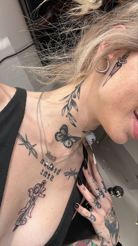 Butterfly Tattoo On Front Neck, Delicate Throat Tattoos Women, Insect Neck Tattoo, Chest And Throat Tattoo Female, Neck Designs Tattoo, Face Tats Women, Edgy Neck Tattoo, Neck Tats Women Words, Vines Neck Tattoo