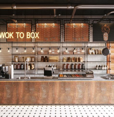 Fast Food Design Wok Kitchen Design, Food Court Design, Restaurant Entrance, Restaurant Counter, Small Restaurant Design, Interior Design Behance, Cafe Counter, Modern Restaurant Design, Industrial Cafe