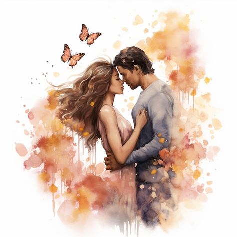 painting of a couple embracing in front of a butterfly filled background generative ai Kiss Draw, Couple Watercolor, Romantic Illustration, Art Love Couple, Couple Embracing, Couple Clipart, Love Butterflies, Couple Romantic, Journal Collage