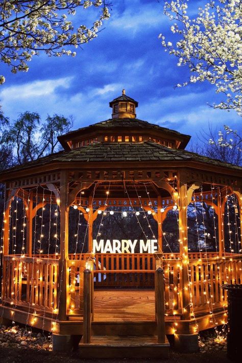 This picture is from 3 years ago when my husband first proposed to me. There was a trail of signs in the park with short phrases on them with reasons why he loved me. The trail of signs led to this beautiful gazebo that he set up. It was the most romantic moment I could’ve ever imagined and I’ll forever cherish it. He covered this gazebo with Christmas string lights since I was a fan of a scene from twilight and put the lighted “marry me” letters in the back which he got from michaels. Marry Me Lights Proposal, Proposal Ideas Gazebo, Gazebo Engagement Ideas, Engagement Proposal Ideas Surprise, Marry Me Signs Proposal, Proposal Gazebo, Gazebo Proposal Ideas, Proposal Set Up, Gazebo Proposal