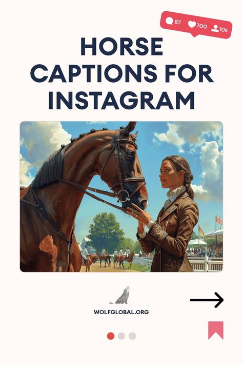 Graphic for horse captions on Instagram featuring a woman with her horse.
An infographic with checklisted horse-themed motivational phrases and a CTA button.
Graphic with smiling woman on laptop promoting the "Wolf Global Instagram Engagement Pod" for unlimited likes and comments. Horse Instagram Captions, Equestrian Captions, Horse Instagram, Caption For Instagram, Small Abstract Painting, Ig Bio, Perfect Captions, Instagram Selfie, Chasing Dreams