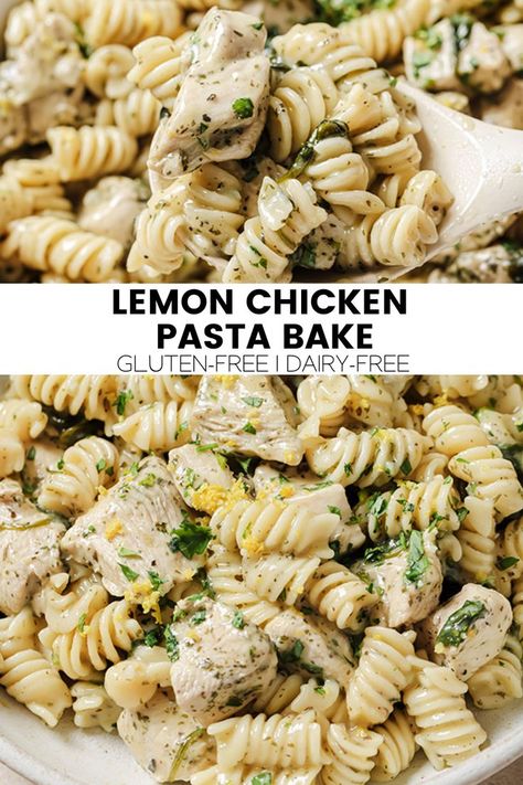 This lemon chicken pasta bake is the perfect one pan meal for busy nights! It’s gluten-free and is made with a dairy free creamy lemon sauce. Pasta Sauce Dairy Free, Lemon Pepper Chicken Pasta, Mediterranean Chicken Pasta, Lemon Pesto Pasta, Gluten Free Pasta Dishes, Dairy Free Pasta Recipes, Creamy Lemon Sauce, Zucchini Pasta Recipes, Chicken Broccoli Pasta