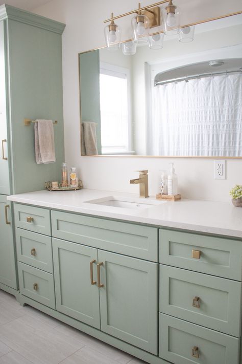 Mint Vanity Bathroom, Green Bathroom Vanity Brass Hardware, Beige Painted Cabinets Bathroom, Mint And Gold Bathroom, Medallion Cabinets Aloe, Mint Green Bathroom Cabinets, Sea Foam Green Bathroom Vanity, Mint Bathroom Vanity, Sea Green Bathroom Vanity