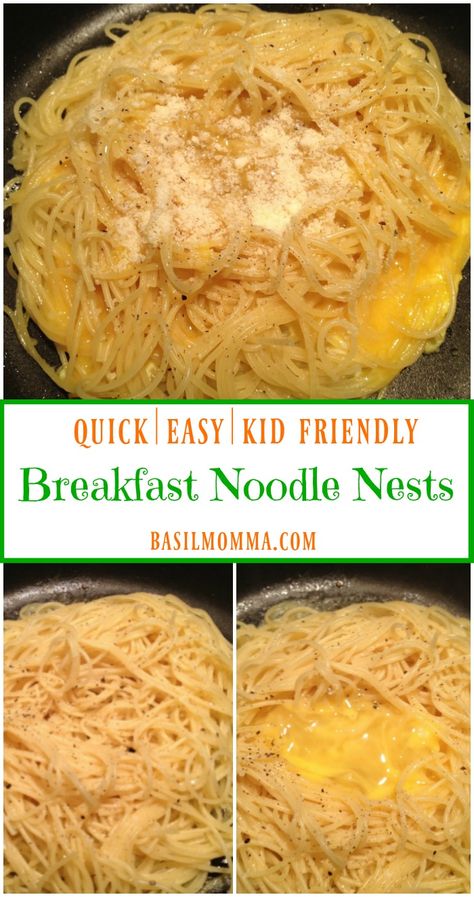 Breakfast Noodle Nests - A kid-friendly breakfast made with cold pasta noodles, eggs, and Parmesan cheese. SO easy to make and my kids love them! | Recipe on basilmomma.com Noodle Breakfast Recipes, Breakfast Noodles Recipes, Pasta With Eggs, Leftover Spaghetti Noodles, Noodle Breakfast, Breakfast Noodles, Pasta Cold, Breakfast Pasta, Leftover Noodles