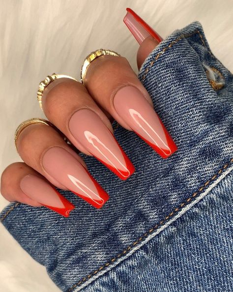 Red Tip Nails, Red French Tip, Red French, Red Acrylic Nails, French Tip Acrylic Nails, Tip Nails, Ballerina Nails, Acrylic Nails Coffin Short, Nagel Inspo