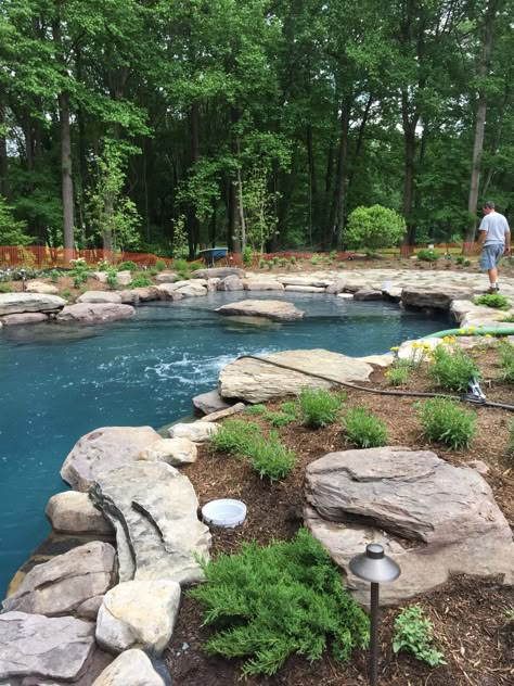 Pool Waterfall Ideas, Pool Waterfalls, Waterfall Ideas, Swimming Pool Pond, Natural Swimming Ponds, Stone Pool, Residential Pool, Frederick Maryland, Pool Landscape Design