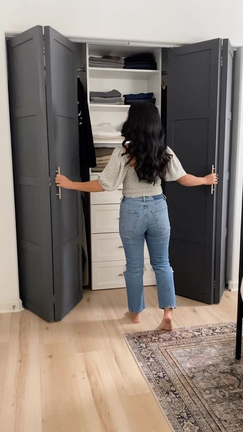 Premade bifold doors + wood trim & paint = 🖤. Still one of our favorite (and one of the easiest) DIYs to date ✨ #homediy #diyhome… | Instagram Remodel Bifold Closet Doors, Wood Bifold Closet Doors, Modern Closet Doors Bedrooms, Interior Bifold Doors Ideas, Wardrobe Bifold Doors, Diy Closet Bifold Doors, Closet Door Diy Ideas, Painted Bifold Doors, Dark Closet Doors