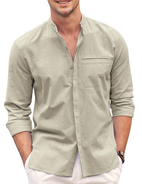 Men Linen Shirt, Banded Collar Shirts, Stand Collar Shirt, Collarless Shirt, Beach Yoga, Linen Shirt Men, Beach Shirt, Dark Khaki, Yoga Shirts