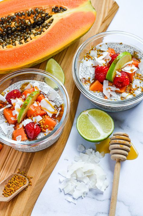 Tropical Papaya Chia Pudding | From the Roots Papaya Chia Pudding, Fruits With Protein, Grocery Cart, Fruit Toppings, Chia Pudding Recipes, Chia Seed Pudding, Nutritious Breakfast, Canned Coconut Milk, Tropical Fruits