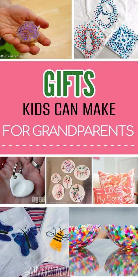 If you're looking for DIY gifts kids can make for grandparents for Christmas or any other occasion, take a look at these 24 kid made gift ideas for preschoolers, kindergarteners and elementary school aged kids. This list includes practical homemade gifts for kids to make, like flower vase call mom key chain, kitchen towel, soap, pillowcases, wind chimes, aprons. Grandpa and grandma will love the handprint and footprint gifts. Diy Christmas Grandparent Gifts, Handmade Christmas Gift For Grandparents, Gifts To Make For Parents From Kids, Diy Grandparents Gifts From Grandkids, Gifts For Kids To Make For Grandparents, Diy Kid Gifts For Grandparents, Diy Gift Ideas For Kids To Make, Parent Gift Ideas From Kids, Grandparent Craft Gifts