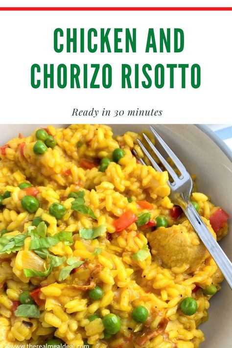 chicken and chorizo risotto with red pepper peas topped with fresh parsley leaves Chicken And Chorizo Recipes, Chicken And Chorizo Risotto, Chorizo Risotto, Risotto Recipes Chicken, Risotto Recipes Easy, Chicken And Chorizo, Garden Peas, Chicken Chorizo, Chorizo Recipes