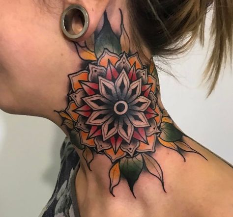 Color Neck Mandala Throat Tattoos, Mandala Arm Tattoo, Mandala Tattoo Back, Flower Neck Tattoo, Dotwork Tattoo Mandala, Front Neck Tattoo, Nape Tattoo, Best Neck Tattoos, Tattoo Son