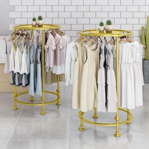 Clothes Display Design, Garment Display Ideas, Clothing Racks For Boutique, Gold Clothing Rack, Cloth Hanger Stand, Boutique Clothing Rack, Retail Clothing Display, Clothing Display Rack, Clothing Rack Display