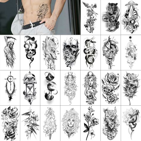 GLARYYEARS Temporary Tattoo, Large Realistic Long-lasting Fake Tattoos, Adults Men Women Skull Tattoo Large, Masculine Tattoos, Skull Flower, Warrior Spirit, Flower Skull, Fake Tattoos, Ancient Cultures, Tattoo Stickers, Body Tattoos