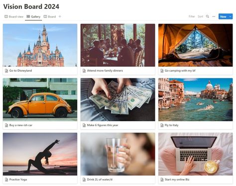 How To Make a Vision Board on Notion in 6 Easy Steps https://mojoxhale.com/how-to-make-a-vision-board-on-notion/ Notion Photo Gallery Template, Notion Vision Board Ideas, Vision Board Notion Template, Notion Vision Board Template, Vision Board Website, Vision Board Tutorial, Notion Vision Board, Vision Board Notion, Notion Tips