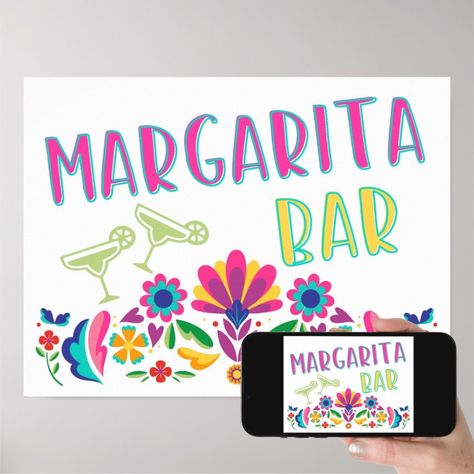 Margarita Bar Fiesta Party Colorful Mexican Poster  Zazzle Margarita Bar Sign, Fajita Bar, Mexican Poster, Bachelorette Party Signs, Printable Signs Free, Mexican Bridal Showers, Peach Margarita, Margarita Bar, Coordinates Decor