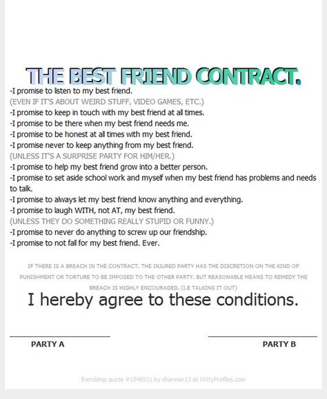 Best Friend Contract Template | Explore Friend Thing, Friend Grow, and more! Surprise Party For Him, Best Friend Contact, Best Friend Contract, Friend Contract, Best Friend Birthday Surprise, Best Friend Application, Friend Application, Funny Party Games, Friends Journal