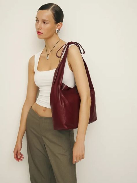 Best of Ref - Shop Favorites | Reformation Reformation Vittoria Bag, Reformation Vittoria Tote, Slouchy Brown Leather Bag, Slouchy Bag Outfit, Slouchy Leather Bag, Elegant Tote Bag, Bags For College Student, Reformation Bag, Brown Summer Outfits