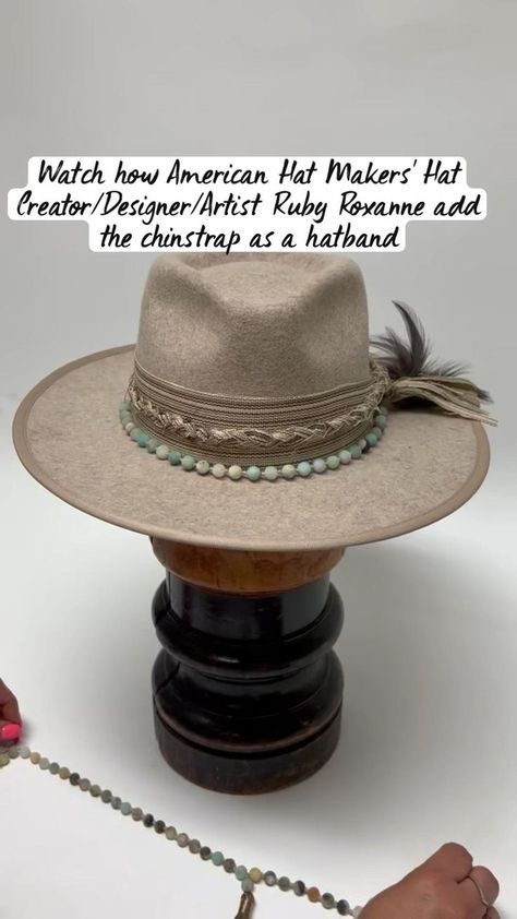 Cowboy Hat Makeover, How To Make Custom Cowboy Hats, Diy Hat Decoration, Embellished Fedora Hat, How To Layer Hat Bands, Diy Embellished Cowboy Hat, Wool Hat Burning, Hat Upcycle Ideas, Lainey Wilson Hat Diy