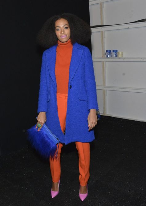 Royal Blue Outfits, Royal Blue Jacket, Bright Scarf, Solange Knowles, Orange Outfit, Colour Combo, Black Tank Dress, Popsugar Fashion, Dress Halloween Costume