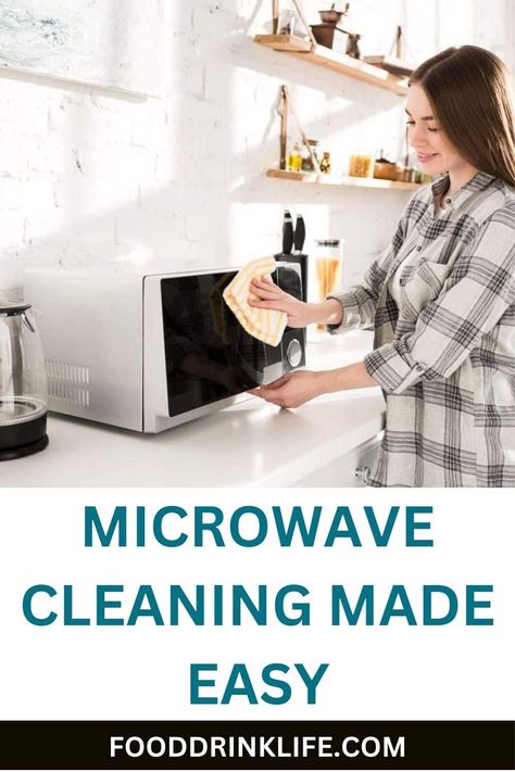 A woman cleaning a microwave with the text "How to clean a microwave made easy. Cleaning A Microwave, Clean A Microwave, Woman Cleaning, Clean Microwave, Vinegar And Water, Natural Cleaners, Steam Cleaning, Busy Schedule, The Text