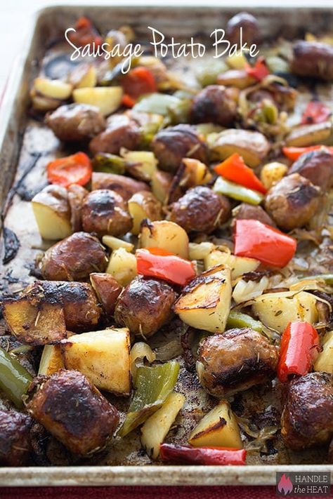 Sausage Potato Bake is a super simple and ultra savory meal loaded with golden and caramelized onions, peppers, potatoes, and meaty bites of sausage. Sausage And Potatoes In Oven, Sausage Potatoes And Onions, Sausage Peppers Onions And Potatoes, Sausage Pepper Onions And Potatoes, Sausage Potatoes And Peppers, Onion Bake, Sausage And Potato Bake, Sausage And Potatoes, Campbells Recipes