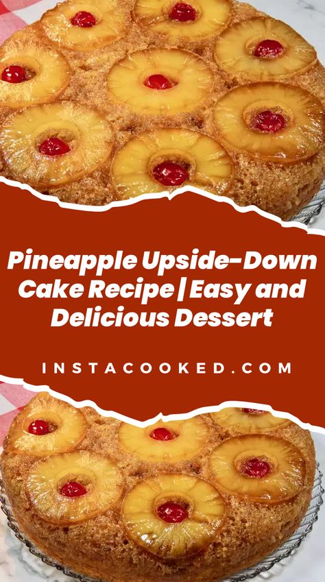 Pineapple Upside-Down Cake on a dessert plate, featuring a caramelized top with golden-brown pineapple rings and maraschino cherries arranged in a beautiful pattern. The cake has a moist, light texture and is drizzled with a glossy caramel sauce, highlighting its sweet and tangy flavor. Perfect for any occasion, this classic dessert is a crowd-pleaser with its vibrant and inviting appearance. Cake Mix Upside Down Pineapple Cake, Pineapple Upside Down Cake For Two, Small Pineapple Upside Down Cake, Pinapple Cake Upside Down Cake Mini, Pineapple Upside Down Cake Recipe Easy, Pineapple Cake Ideas, Crushed Pineapple Upside Down Cake, Best Pineapple Upside Down Cake, Easy Pineapple Dessert