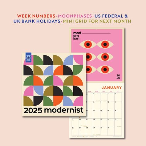 A Bauhaus Inspired Art Calendar, with a fresh and modern colour palette - this large size wall calendar is designed with our North American customers in mind where the week starts on Sunday. It is LP size, approx 12” x 12” Inch size (30cm x 30cm), featuring striking Bauhaus inspired artwork on the top page, this calendar opens to a double height (approx 24" tall) format revealing a spacious grid for appointments, plans, notes, and more. 12 months, starting January to December 2025. With every ne Calendar 2025 Design, 2025 Calendar Design, Calendar Design 2025, Monthly Calendar Design, Graphic Design Calendar, Modern Calendar Design, Calendar Design Layout, Calendar Design Inspiration, Dry Erase Planner