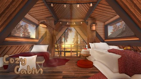 Bloxburg Winter Cabin Layout, Bloxburg Cabin Bedroom, Christmas Bloxburg House Interior, Bloxburg Winter House Ideas, Winter House Exterior, Cozy Winter Cabin, Winter Bedroom, Cabin Living Room, Log Cabin Ideas