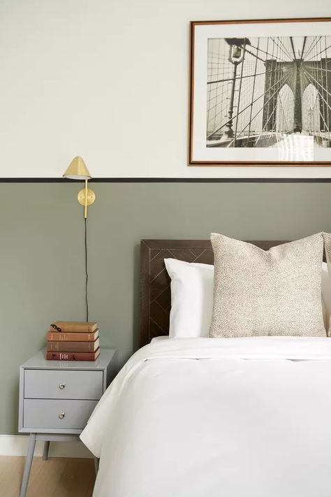 Bedroom Furniture Ideas and Decor: Helpful Advice, Inspiration, and Shopping | Hunker Half And Half Wall Paint Bedroom, Half Paint Wall Bedroom, Green Combination Bedroom, Paint Half Wall Bedroom, Green Bedroom Half Wall, Two Color Walls Bedroom, Half Colored Walls Bedrooms, Bedroom Wall Half Painted, Half Wall Paint Ideas Bedrooms