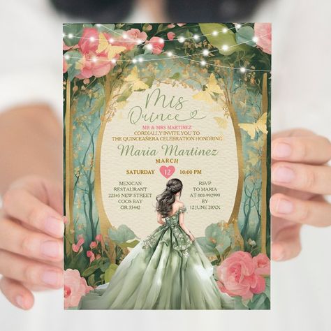 Sage Green Princess Dress Gold Forest Mis Quince Invitation - tap to personalize and get yours #Invitation #spanish #girl #sweet #16th #birthday, Quince Invitations Quinceanera, Green Princess Dress, Invitation Quinceanera, Invitations Quinceanera, Quince Invitations, Green Princess, Birthday Gold, Sage Green Dress, Emerald Green Dresses