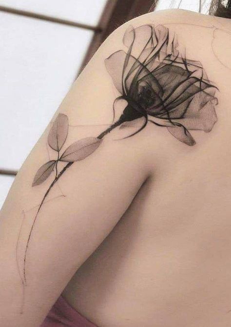 Transparent Flower Tattoo, Black And White Fine Line Tattoo, X Ray Tattoo Ideas, Black And White Watercolor Tattoo, X Ray Flower Tattoo, X Ray Tattoo, Abstract Flower Tattoos, Poppies Tattoo, Spine Tattoos For Women