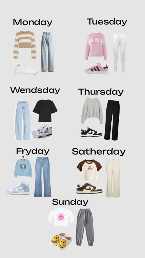 #week #cute Weekly Outfit Planner, Cute Easy Outfits For School, Cutesy Outfit, Outfit Planner, Simple Outfits For School, Preppy Summer Outfits, Fashion Vocabulary, Casual Preppy Outfits, Weekly Outfits